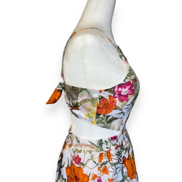 Chelsea & Violet Tropical Floral Print Tiered Midi Dress Linen Blend Tie Back - Picture 8 of 12